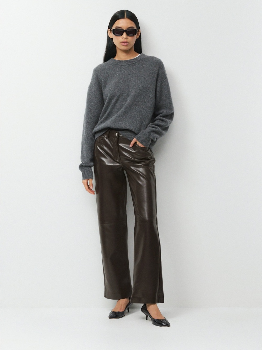 Aritzia Melina Women’s Wide-Leg Faux Leather Jeans - Dark Brown